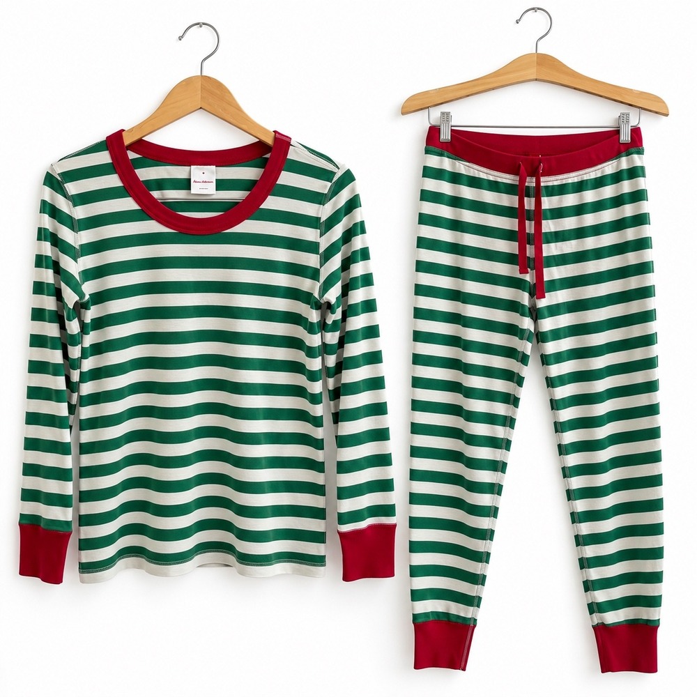 Hanna Andersson Long John Pajama Set Womens M Green Red Striped Chistmas PJs
